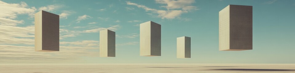 Floating geometric shapes hover above an endless landscape under