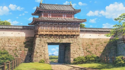 Ancient Japanese Gate, Stone Walls, Tranquil Landscape