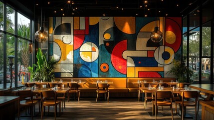 Modern restaurant interior with vibrant abstract mural, wooden tables, and comfortable seating.