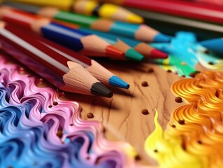 Art supplies on a background of colored pencils and wood grain texture.