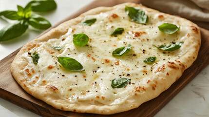 Artistic shot of flatbread torn into pieces, garnished with rosemary, simple and warm presentation