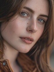 A young woman with blue eyes and brown hair, wearing a vintage-style jacket. Confident expression on her face.