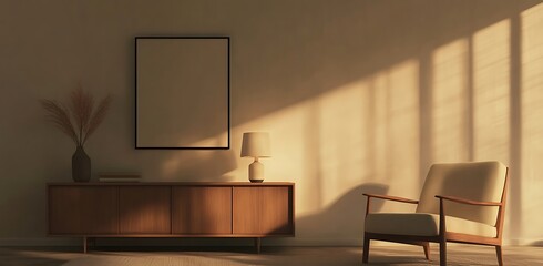Minimalist living room setup with a single armchair, a simple cabinet, and a modern lamp placed on a beige backdrop, exuding calm and sophistication.