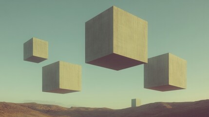 Fototapeta premium Floating geometric shapes defy gravity in surreal landscape, evo