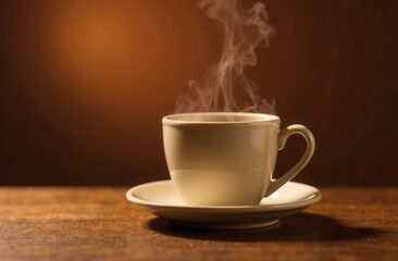 A steaming cup of coffee sits on a saucer on a wooden table