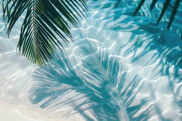 Palm tree shadows on the pool water at a tropical beach resort.