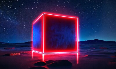 Neon-lit cube structure against a starry night sky, desert landscape. - Powered by Adobe