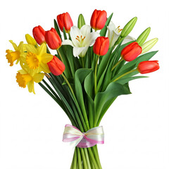 beautiful spring bouquet of yellow daffodils red tulips and white lilies with a pink bow on white background