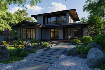 美しい庭に囲まれた現代的な和風住宅の外観と自然の調和