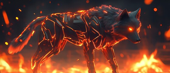Fiery robotic wolf standing in flames.