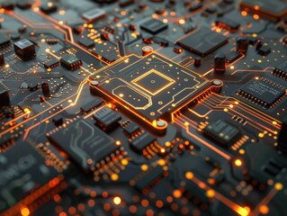 High-tech image of a densely packed integrated circuit package at the heart of an electronic circuit board, showcasing the intricate details and complexity of modern computer hardware.