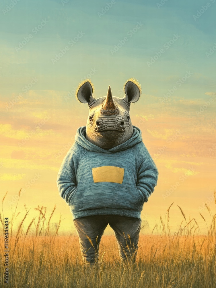 Poster close up of a solitary rhino standing confidently in a barren savanna with room for text above or be