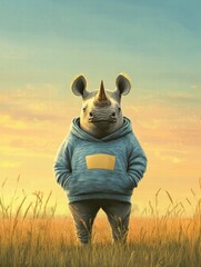 Close up of a solitary rhino standing confidently in a barren savanna with room for text above or below. Generative AI