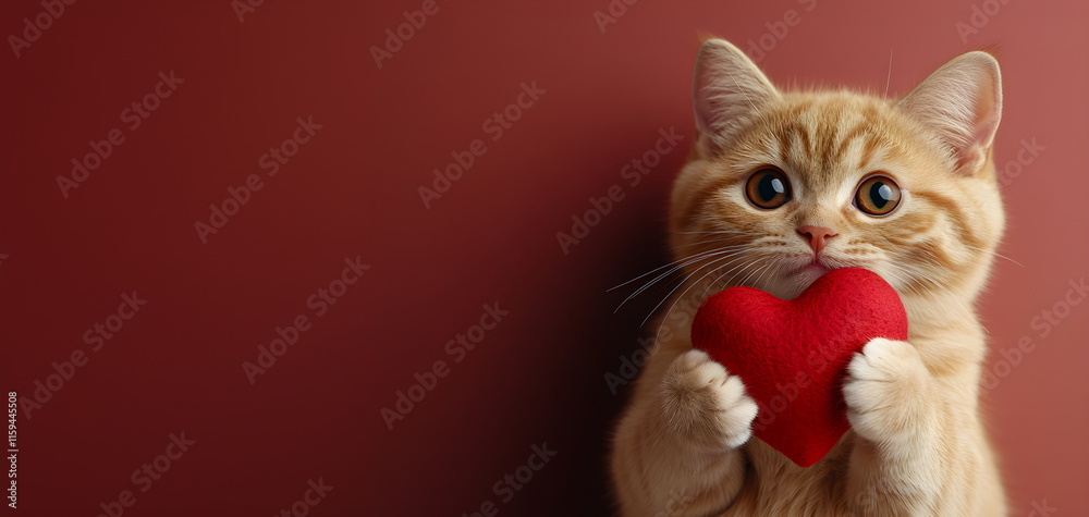 Wall mural Ginger kitten hugging toy red heart. Cute cat on pink background. Valentine's Day love concept. Banner, advertisement, billboard for animal shelter, veterinary clinic	