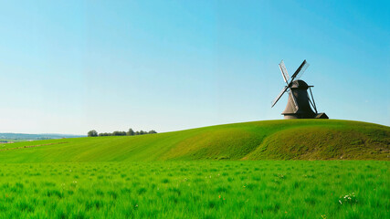 Windmill on green hill against clear blue sky
