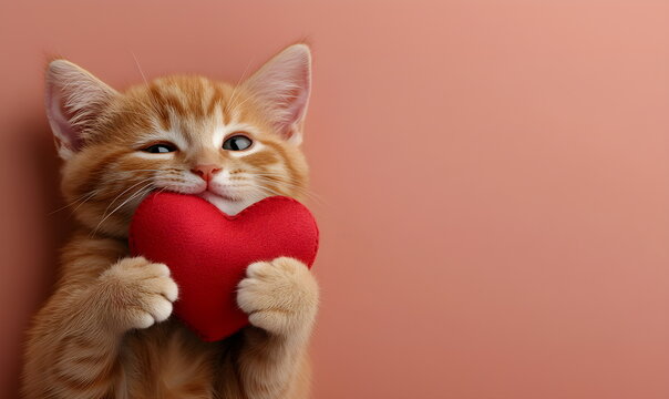 Ginger kitten hugging toy red heart. Cute cat on pink background. Valentine's Day love concept. Banner, advertisement, billboard for animal shelter, veterinary clinic	