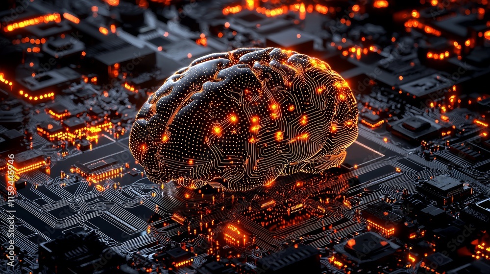 Aufkleber Innovations in the field of stock. Adoption and exploitation of AI. AI with digital brain, learning Big Data processing, analysis of information. Electronic mind. The concept of neural networks and