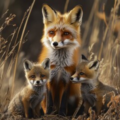 Fototapeta premium Red Fox Family in Autumn Grassland Habitat