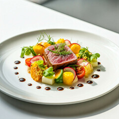 gourmet food plate of salad with steak and vegetables on white table
