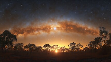 Fototapeta premium Sunset with nebula and starry sky over silhouetted trees.