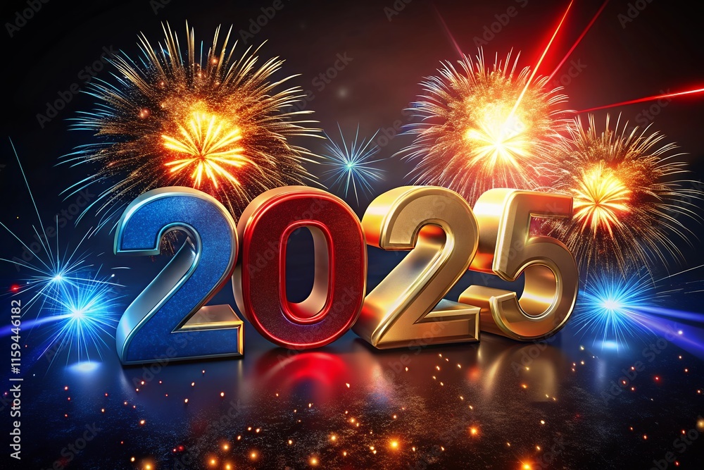Fototapete 2025 3d with firework text effect new year's lights gold and dark red colors bake background with gl
