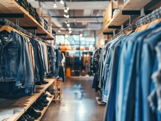 Vibrant jeans store showcasing latest fashion trends with racks filled with various types of clothing for men and women. New arrivals available.