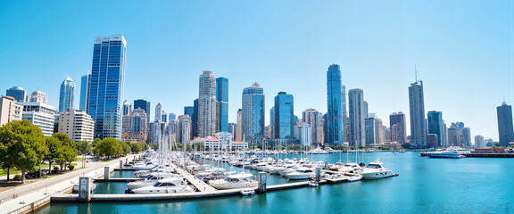 Fototapeta premium City skyline with yachts docked at marina on sunny day