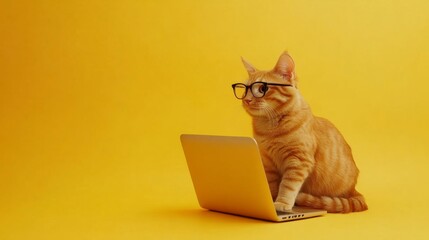 Studious Orange Cat with Glasses Uses Laptop