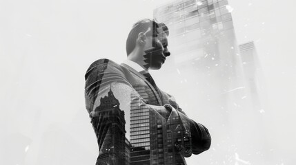 A man in a suit stands confidently amidst the backdrop of tall buildings, conveying professionalism and urban lifestyle.