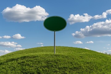 In a beautiful curvy road surrounded by vibrant green grass and a clear blue sky is a small green round traffic sign.