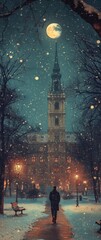 Winter Night Stroll Past Church Under Full Moon