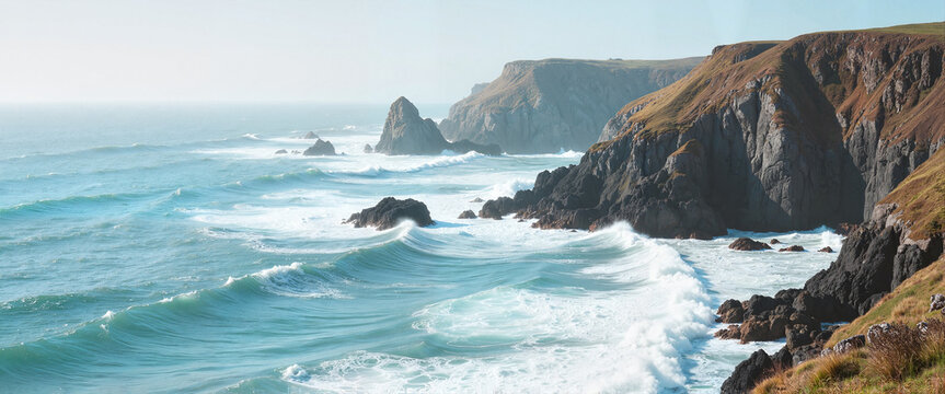 Coastal waves crashing against rocky cliffs