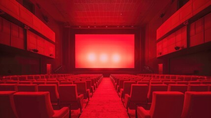 Obraz premium The interior of a theater with red lighting and empty seats, waiting for an audience.