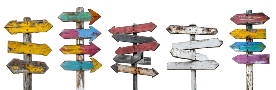 Set collection of rustic worn wood wooden arrow point direction street sign signpost signage on transparent background cutout PNG file. Many different assorted style. Mockup template for design

