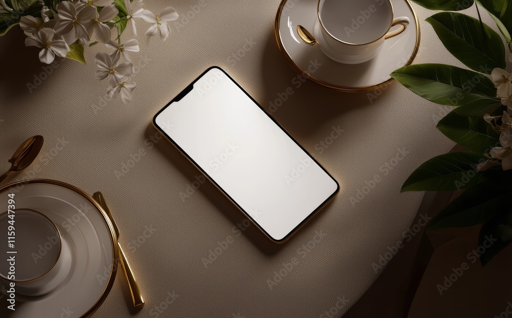 Poster a mockup of a phone with a blank screen sitting on a summer dinner table
