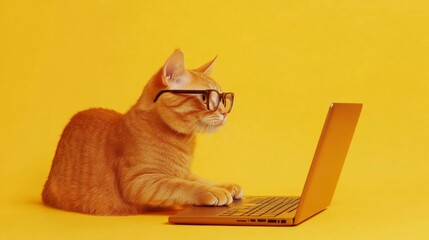 Orange Cat with Glasses Uses Laptop Computer