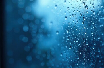 A detailed closeup view of tiny water drops on a vibrant blue background