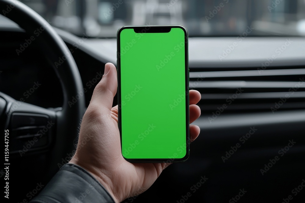 Poster seeing the steering wheel and dashboard of a car while holding a smartphone with a green screen