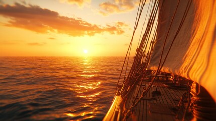 Sunset sailboat on ocean, golden hour.