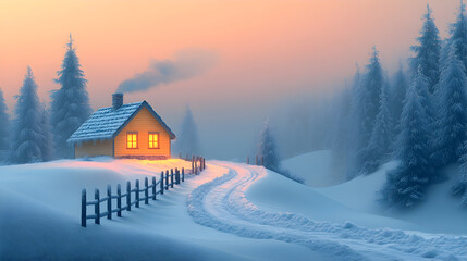 Naklejka premium Serene Winter Wonderland Cabin in Snowy Mountain Forest at Sunset