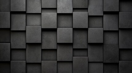 A textured black wall composed of square panels, creating a modern and minimalist design.