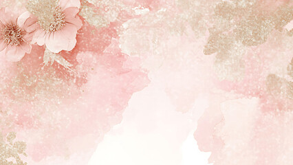 Elegant watercolor floral background with pink flowers and gold glitter. Perfect for wedding invitations, greeting cards, or feminine designs.