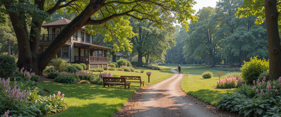 Obraz premium Scenic path in park with flowers and house