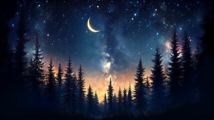 Magical night sky over a dark forest with crescent moon and stars.