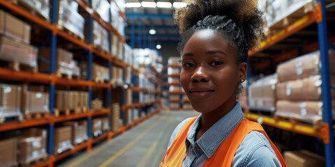 Woman wearing a safety vest stands in a warehouse. She is smiling and looking at the camera