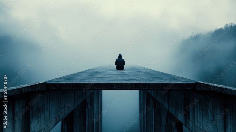Poster lonely figure contemplating life on a foggy bridge in a serene, isolated landscape. generative ai
