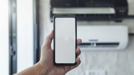 hand holding mobile phone with empty screen in front of air conditioning unit