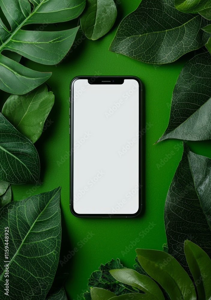 Poster template for a blank mobile phone screen using green leaves as a background