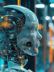 Robot with a face made of metal and wires. The robot is in a room with orange walls