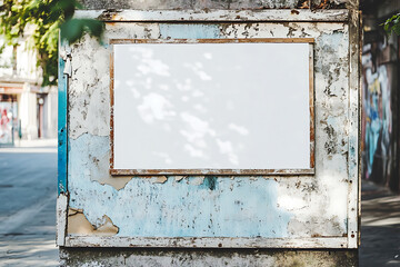 Naklejka premium Mockup white in wooden frame on a sidewalk wall, Urban street scene, weathered bulletin board